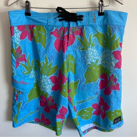 MAUI & SONS Blue Hawaiian Floral Swim Trunks Shorts Men’s 36 - Picture 2 of 11